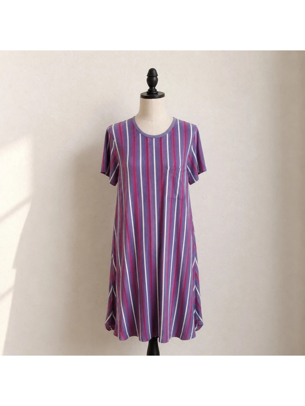 NWT LuLaRoe Carley Dress Size S Blue Pink Striped Swing T-Shirt Dress Midi
